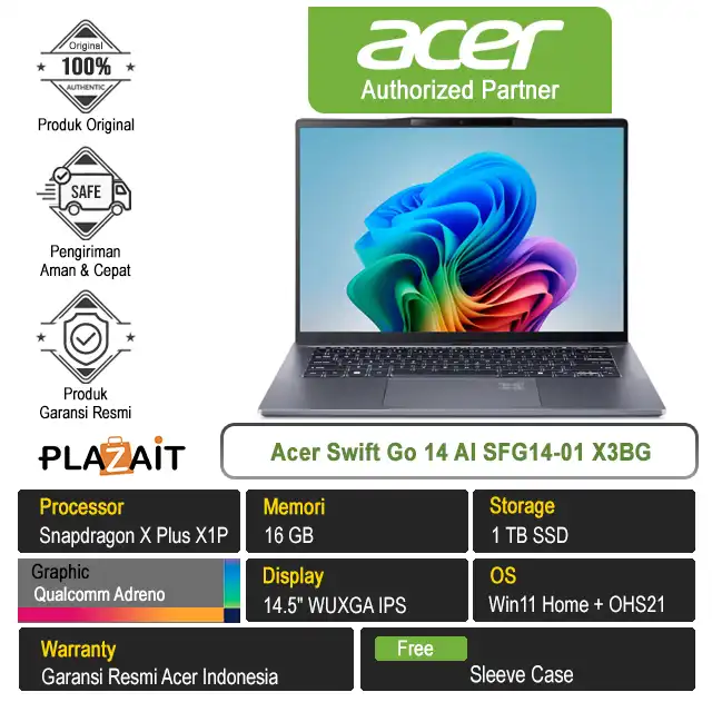 Acer Swift Go 14 AI SFG14-01 X3BG /Snapdragon X1 Plus/16GB/1TB SSD/Qualcomm Adreno/14.5″ WUXGA/Win 11 Home+OHS21/Steel Grey