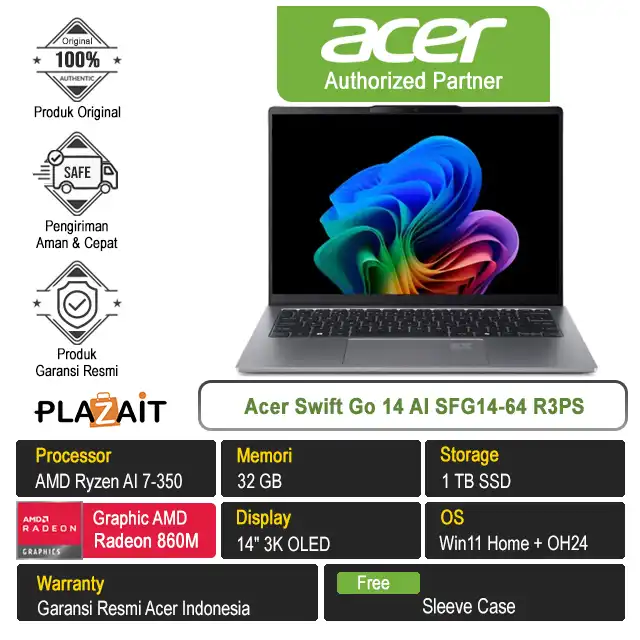 Acer Swift Go 14 AI SFG14-64 R3PS /AMD Ryzen AI 7-350/32GB/1TB SSD/AMD Radeon Graphics/14″ 3K OLED/Win 11 Home+OH24/Sparkly Silver