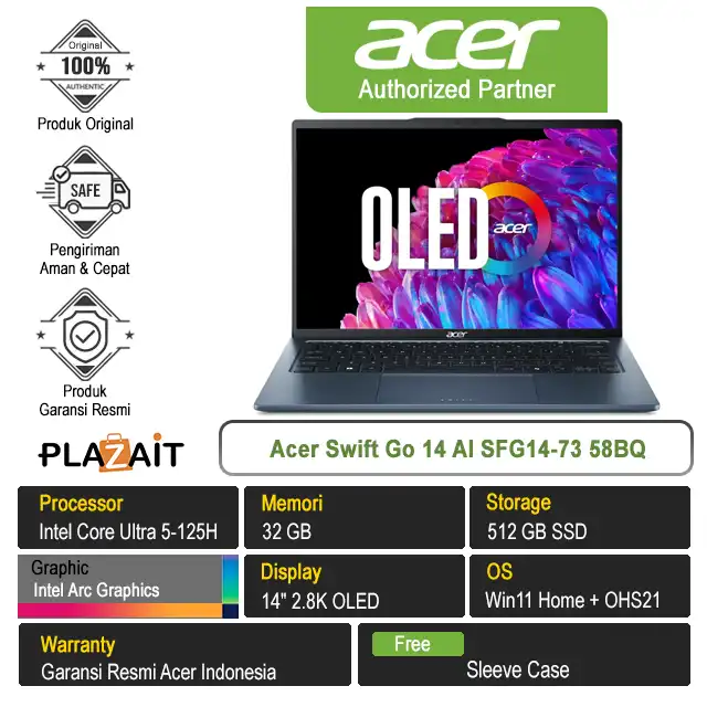 Acer Swift Go 14 AI SFG14-73 58BQ /Intel Core Ultra 5-125H/32GB/512GB SSD/Intel Arc Graphics/14″ 2.8K OLED/Win 11 Home+OHS21/Frost Blue