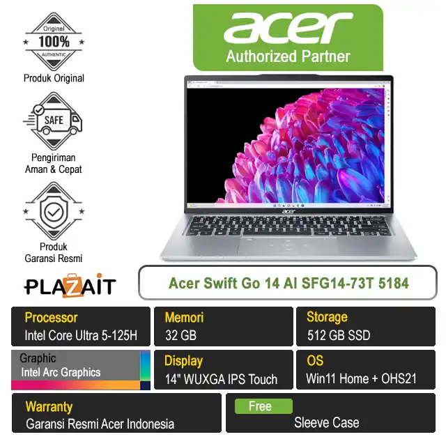 Acer Swift Go 14 AI SFG14-73T 5184 /Intel Core Ultra 5-125H/32GB/512GB SSD/Intel Arc Graphics/14″ WUXGA Touch/Win 11 Home+OHS21/Pure Silver