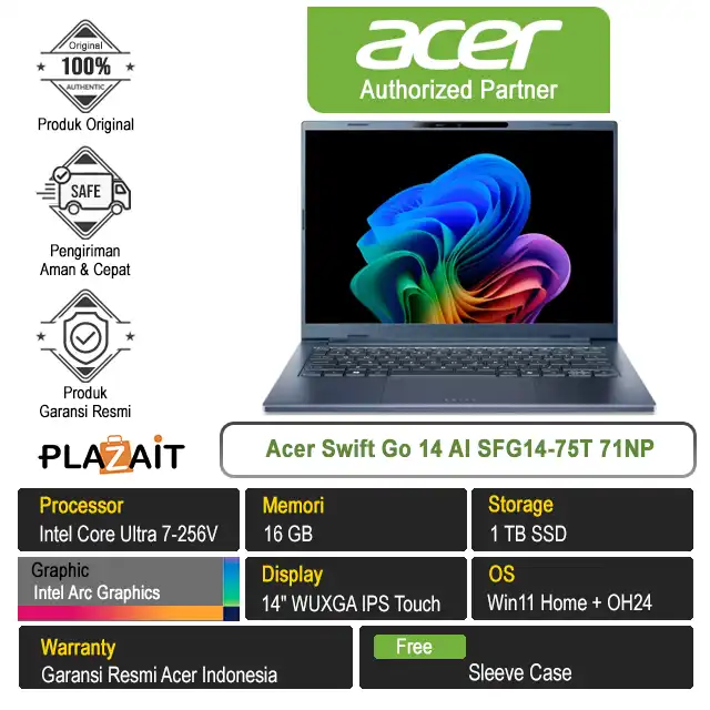 Acer Swift Go 14 AI SFG14-75T 71NP /Intel Core Ultra 7-256V/16GB/1TB SSD/Intel Arc Graphics/14" WUXGA Touch/Win 11 Home+OHS24/Steam Blue