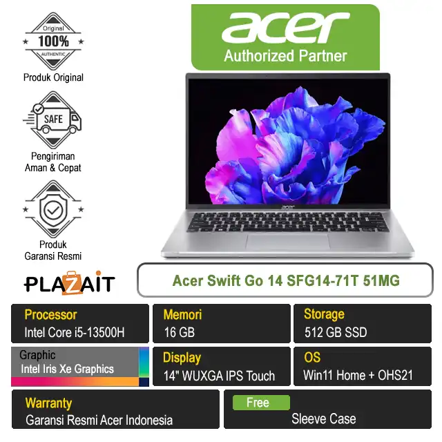 Acer Swift Go 14 SFG14-71T 51MG /Intel Core i5-13500H/16GB/512GB SSD/Intel Iris Xe Graphics/14" WUXGA Touch/Win 11 Home+OHS21/Pure Silver