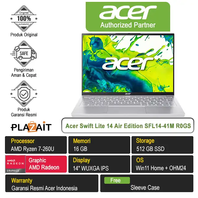 Acer Swift Lite 14 Air Edition SFL14-41M R0GS /AMD Ryzen 7-260U/16GB/512GB SSD/AMD Radeon Graphics/14″ WUXGA IPS/Win 11 Home+OH24+M365/Light Silver