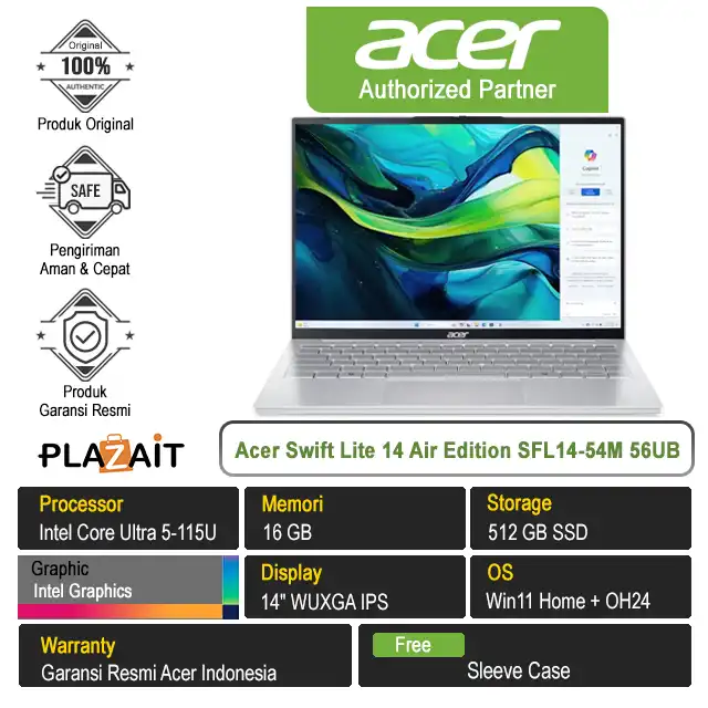 Acer Swift Lite 14 Air Edition SFL14-54M 56UB /Intel Core Ultra 5-115U/16GB/512GB SSD/Intel Graphics/14″ WUXGA/Win 11 Home+OH24/Pure Silver