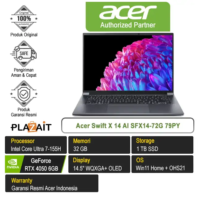 Acer Swift X 14 AI SFX14-72G 79PY /Intel Core Ultra 7-155H/32GB/1TB SSD/RTX4050 6GB/14.5″ OLED/Win 11 Home+OHS21/Steel Gray