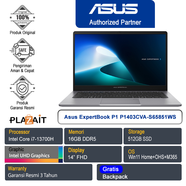 Asus ExpertBook P1 P1403CVA-S67151WS /Intel Core i7-13700H/16GB/512GB SSD/Intel UHD Graphics/14" FHD/Win 11 Home+OHS+M365/Misty Grey/3Y