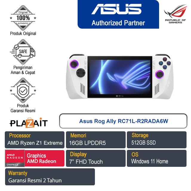 Asus ROG Ally RC71L-R2RADA6W/AMD Ryzen Z1 Extreme/16GB/512GB SSD/AMD Radeon Graphics/7" FHD Touch/Win 11 Home/2Y