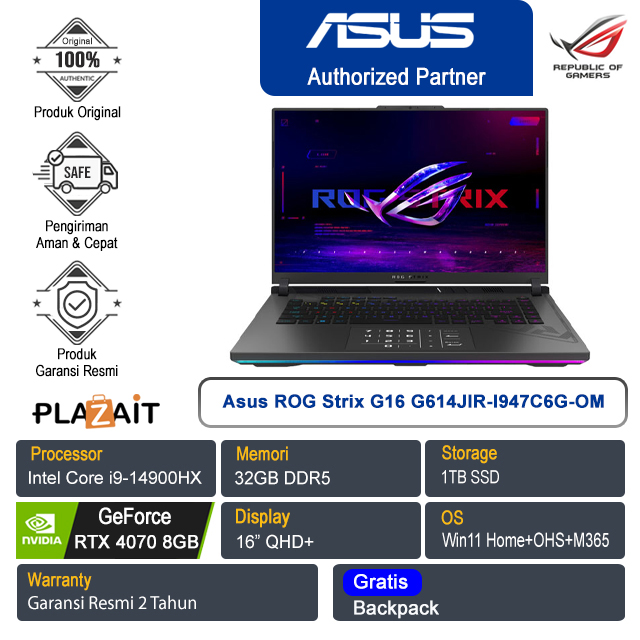 Asus ROG Strix G16 G614JIR-I947C6G-OM /Intel Core i9-14900HX/32GB/1TB SSD/NVIDIA GeForce RTX 4070 8GB/16" QHD+/Win 11 Home+OHS+M365/Eclipse Gray/2Y