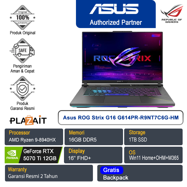 Asus ROG Strix G16 G614PR-R9NT7C6G-HM /AMD Ryzen 9-8940HX/16GB/1TB SSD/NVIDIA GeForce RTX 5070 Ti 12GB/16" FHD+/Win 11 Home+OHM+M365/Eclipse Gray/2Y