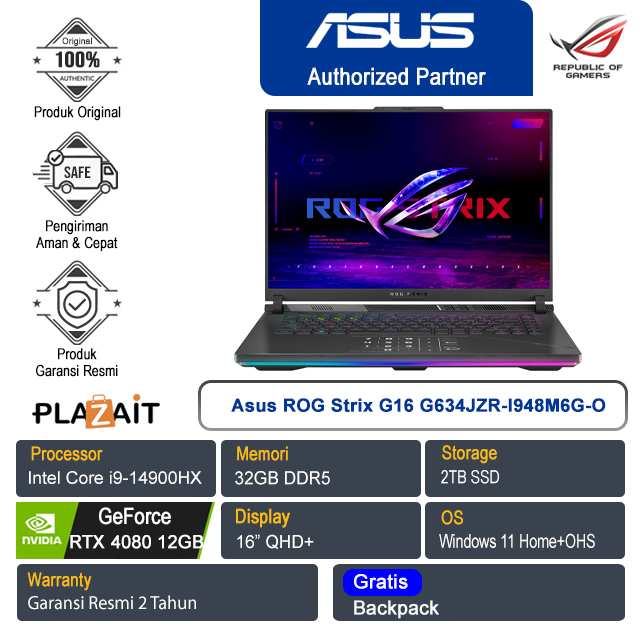 Asus ROG Strix G16 G634JZR-I948M6G-O /Intel Core i9-14900HX/32GB/2TB SSD/NVIDIA GeForce RTX 4080 12GB/16" QHD+/Win 11 Home+OHS 2021/Off Black/2Y