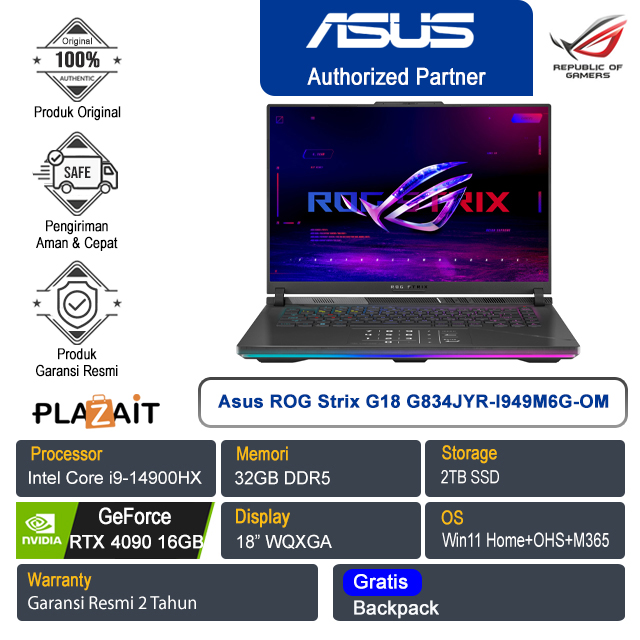 Asus ROG Strix G18 G834JYR-I949M6G-OM /Intel Core i9-14900HX/32GB/2TB SSD/NVIDIA GeForce RTX 4090 16GB/18" WQXGA/Win 11 Home+OHS+M365/Off Black/2Y
