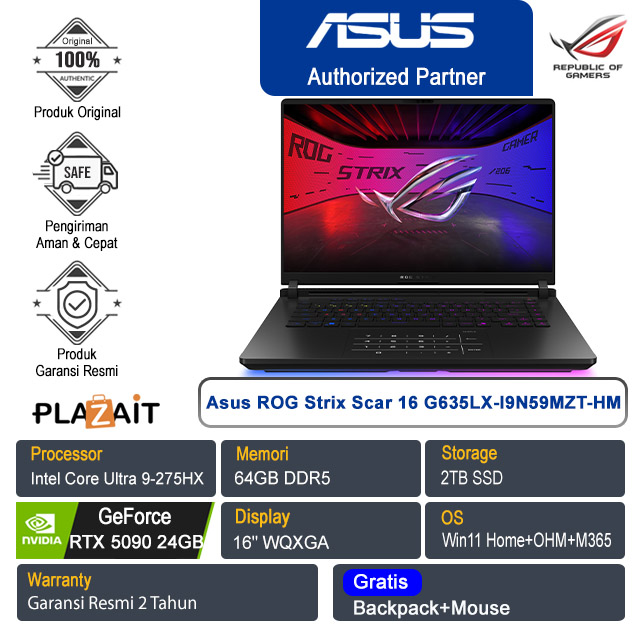Asus ROG Strix Scar 16 G635LX-I9N59MZT-HM /Intel Core Ultra 9-275HX/64GB/2TB SSD/NVIDIA GeForce RTX 5090 24GB/16"WQXGA/Win 11 Home+OHM+M365/Off Black/2Y