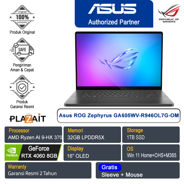 Asus ROG Zephyrus G16 GA605WV-R946OL7G-OM /AMD Ryzen AI 9 HX 370 /32GB/1TB SSD/NVIDIA GeForce RTX 4060 8GB/14″ OLED/Win 11 Home+OHS+M365/Eclipse Gray/2Y