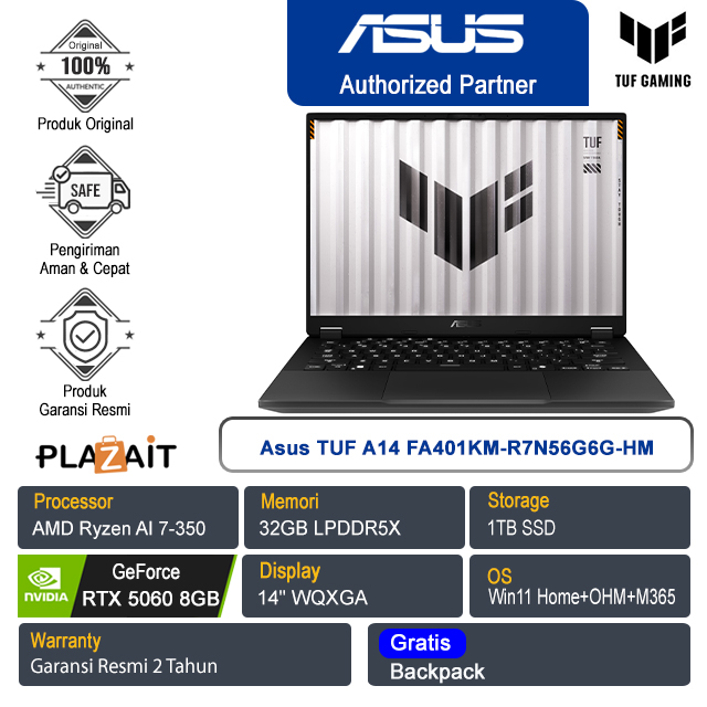 Asus TUF A14 FA401KM-R7N56G6G-HM /AMD Ryzen AI 7-350/32GB/1TB SSD/NVIDIA GeForce RTX 5060 8GB/14" WQXGA/Win 11 Home+OHS+M365/Jaeger Gray/2Y