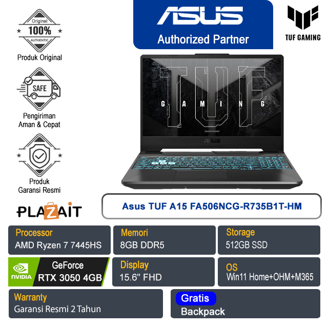 Asus TUF A15 FA506NCG-R735B1T-HM /AMD Ryzen 7-7445HS/8GB/512GB SSD/NVIDIA GeForce RTX 3050 4GB/15.6" FHD/Win 11 Home+OHM+M365/Graphite Black/2Y