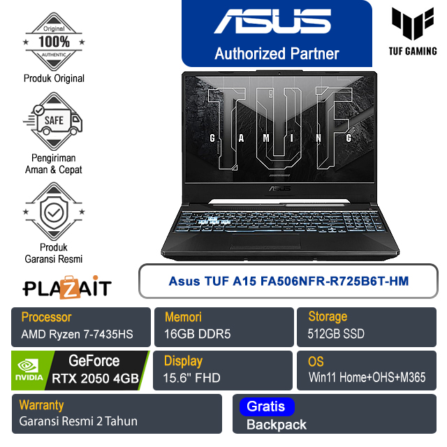 Asus TUF A15 FA506NFR-R725B6T-HM /AMD Ryzen 7-7435HS/16GB /512GB SSD/NVIDIA GeForce RTX 2050 4GB/15.6" FHD/Win 11 Home+OHS+M365/Graphite Black/2Y