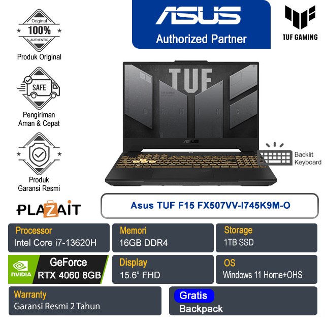Asus TUF F15 FX507VV-I745K9M-O /Intel Core i7-13620H/16GB/1TB SSD/NVIDIA GeForce RTX 4060 8GB/15.6" FHD/Win 11 Home+OHS 2021/Mecha Gray/2Y