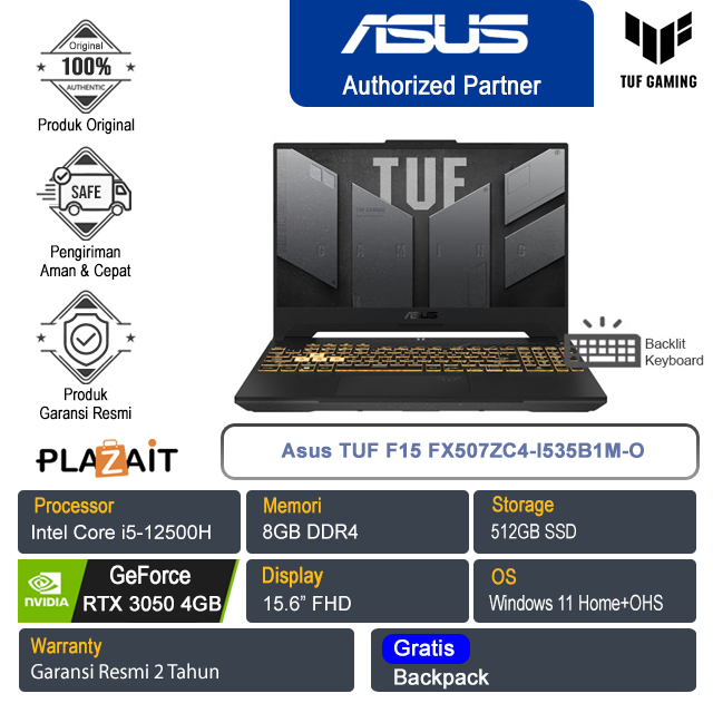 Asus TUF F15 FX507ZC4-I535B1M-O/Intel Core i5-12500H/8GB/512GB SSD/NVIDIA GeForce RTX 3050/15.6"FHD/Win 11 Home+OHS/Mecha Gray/2Y