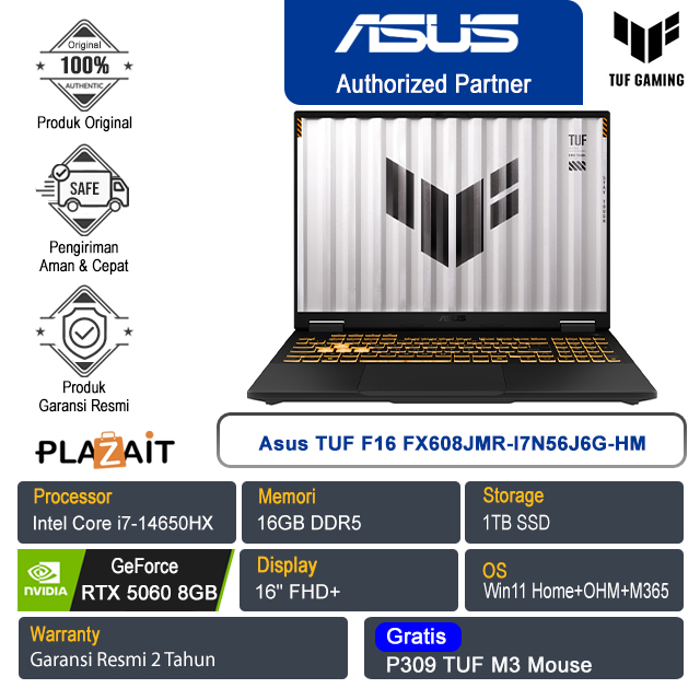 Asus TUF F16 FX608JMR-I7N56J6G-HM /Intel Core i7-14650HX/16GB/1TB SSD/NVIDIA GeForce RTX 5060 8GB/16" FHD+/Win 11 Home+OHS+M365/Jaeger Gray/2Y