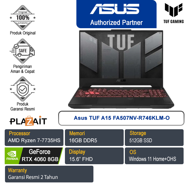 Asus TUF Gaming A15 FA507NV-R746KLM-O /AMD Ryzen 7-7735HS/16GB/512GB SSD/NVIDIA GeForce RTX 4060 8GB/15.6" FHD/Win 11 Home+OHS 2021/Mecha Gray/2Y