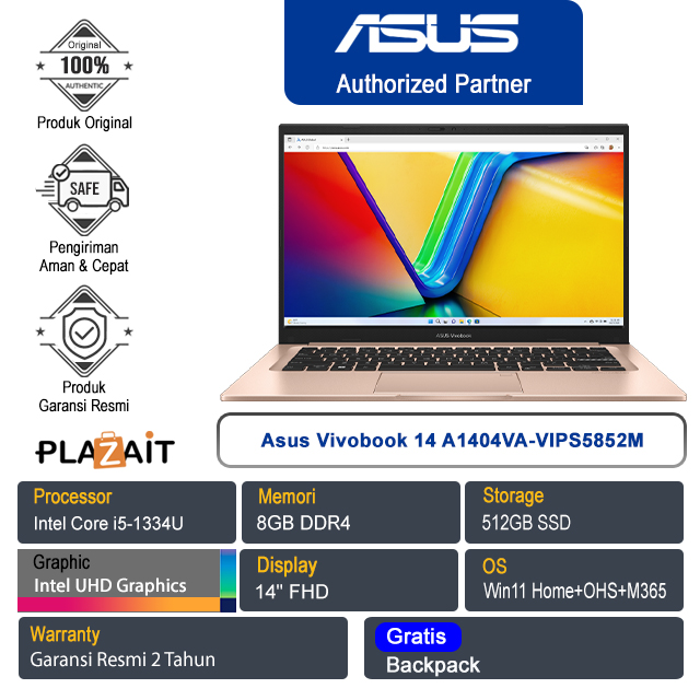 Asus Vivobook 14 A1404VA-VIPS5852M /Intel Core i5-1334U/8GB/512GB SSD/Intel UHD Graphics/14" FHD/Win 11 Home+OHS+M365/Terra Cotta/2Y