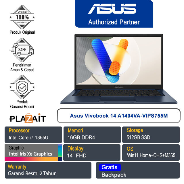 Asus Vivobook 14 A1404VA-VIPS755M /Intel Core i7-1355U/16GB/512GB SSD/Intel Iris Xᵉ Graphics/14" FHD/Win 11 Home+OHS+M365/Quiet Blue/2Y