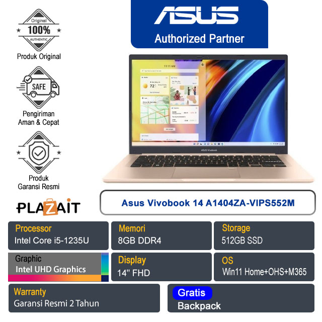 Asus Vivobook 14 A1404ZA-VIPS552M/Intel Core i5-1235U/8GB/512GB SSD/Intel UHD Graphics/14″ FHD/Win 11 Home+OHS 2021+M365/Terra Cotta/2Y