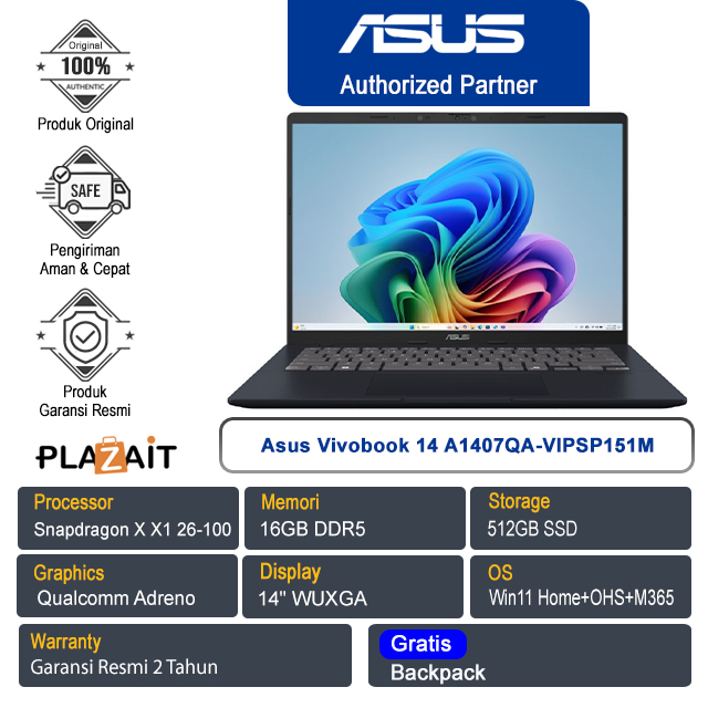 Asus Vivobook 14 A1407QA-VIPSP151M /Snapdragon X X1 26 100/16GB/512GB SSD/Qualcomm Adreno /14" WUXGA/Win 11 Home+OHS+M365/Quiet Blue/2Y