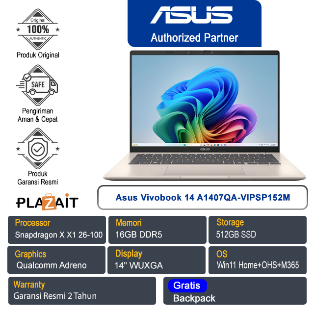 Asus Vivobook 14 A1407QA-VIPSP152M /Snapdragon X X1 26 100/16GB/512GB SSD/Qualcomm Adreno/14" WUXGA/Win 11 Home+OHS+M365/Platinum Gold/2Y