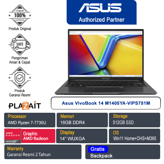 Asus VivoBook 14 M1405YA-VIPS751M /AMD Ryzen 7-7730U/16GB/512GB SSD/AMD Radeon Graphics/14" WUXGA/Win 11 Home+OHS+M365/Indie Black/2Y
