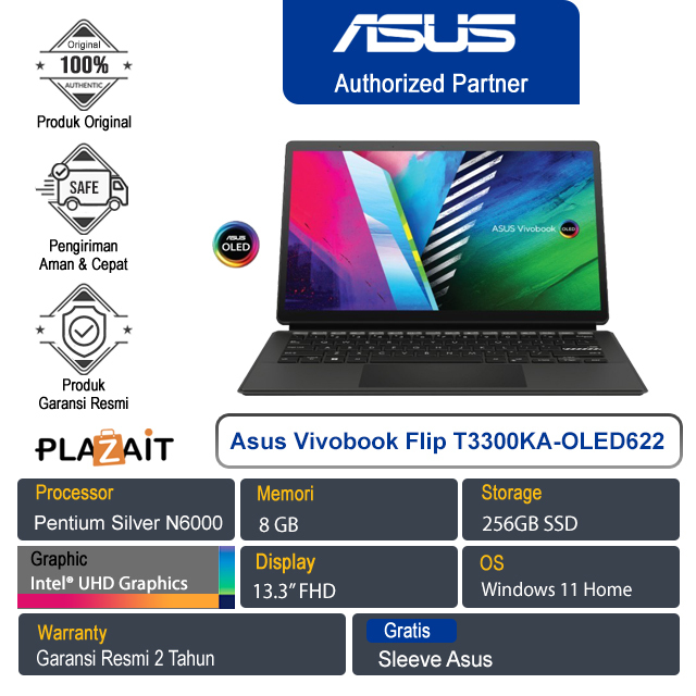 Asus Vivobook Flip T3300KA-OLED622/Intel Pentium Silver N6000/8GB/256GB SSD/Intel UHD Graphics/NO ODD/13.3" FHD TS/Win11 Home/Black/2Y
