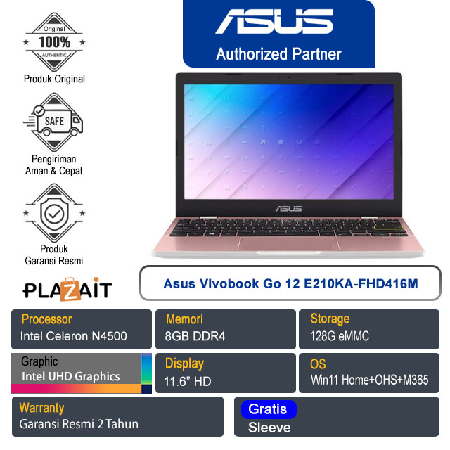 Asus Vivobook Go 12 E210KA-FHD416M /Intel Celeron N4500/8GB/128G eMMC/Intel UHD Graphics/11.6" HD/Win 11 Home+OHS+M365/Rose Pink/2Y
