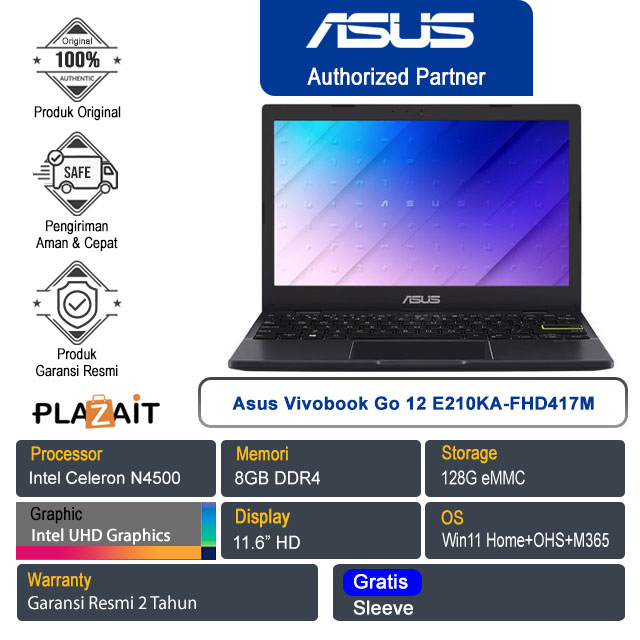 Asus Vivobook Go 12 E210KA-FHD417M /Intel Celeron N4500/8GB/128G eMMC/Intel UHD Graphics/11.6" HD/Win 11 Home+OHS+M365/Star Black/2Y