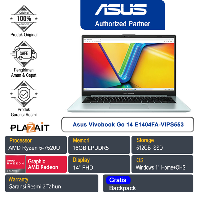 Asus Vivobook Go 14 E1404FA-VIPS553 /AMD Ryzen 5-7520U/16GB/512GB SSD/AMD Radeon Graphics/14″ FHD/Win 11 Home+OHS 2021/Green Grey/2Y