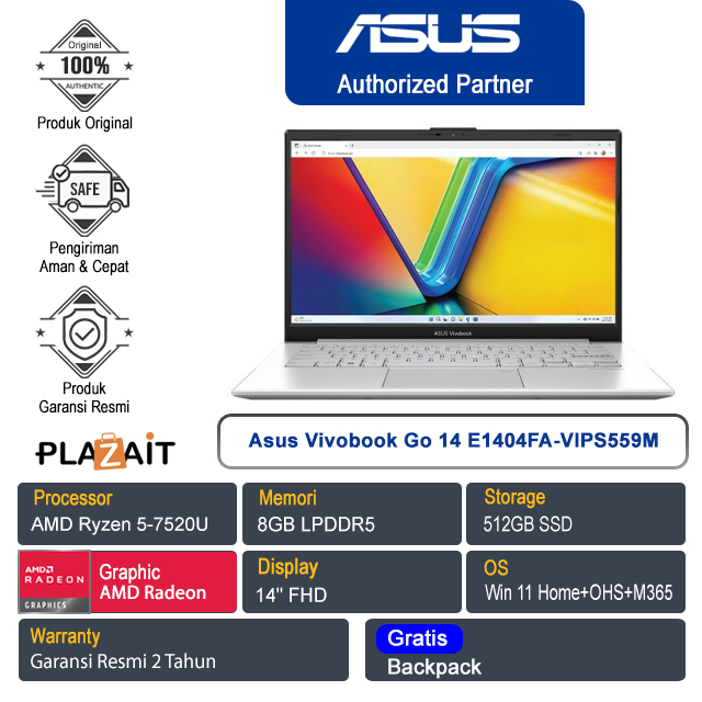 Asus Vivobook Go 14 E1404FA-VIPS559M /AMD Ryzen 5-7520U/8GB /512GB SSD/AMD Radeon Graphics/14″ FHD/Win 11 Home+OHS 2021+M365/Cool Silver/2Y