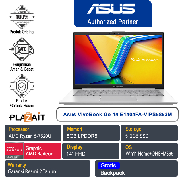 Asus VivoBook Go 14 E1404FA-VIPS5853M /AMD Ryzen 5-7520U/8GB/512GB SSD/AMD Radeon Graphics/14" FHD/Win 11 Home+OHS+M365/Cool Silver/2Y