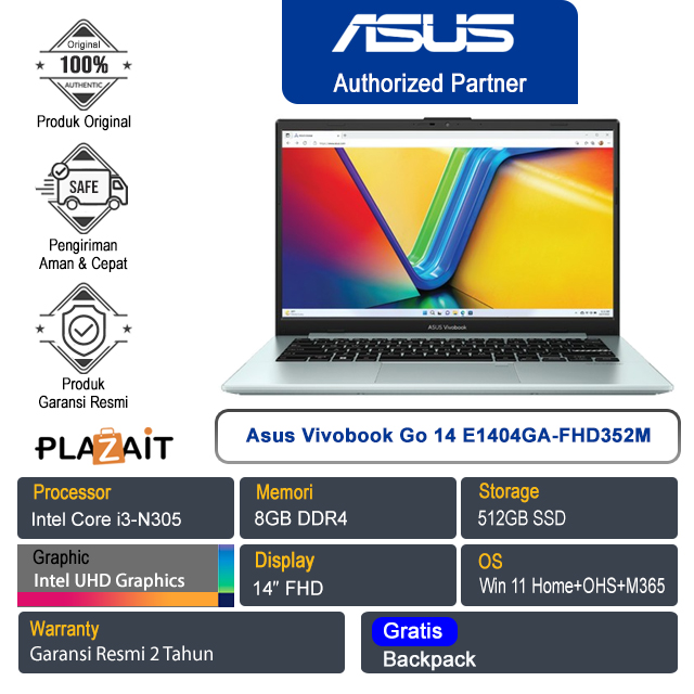 Asus Vivobook Go 14 E1404GA-FHD352M /Intel Core i3-N305/8GB/512GB SSD/Intel UHD Graphics/14″ FHD/Win 11 Home+OHS 2021+M365/Green Grey/2Y