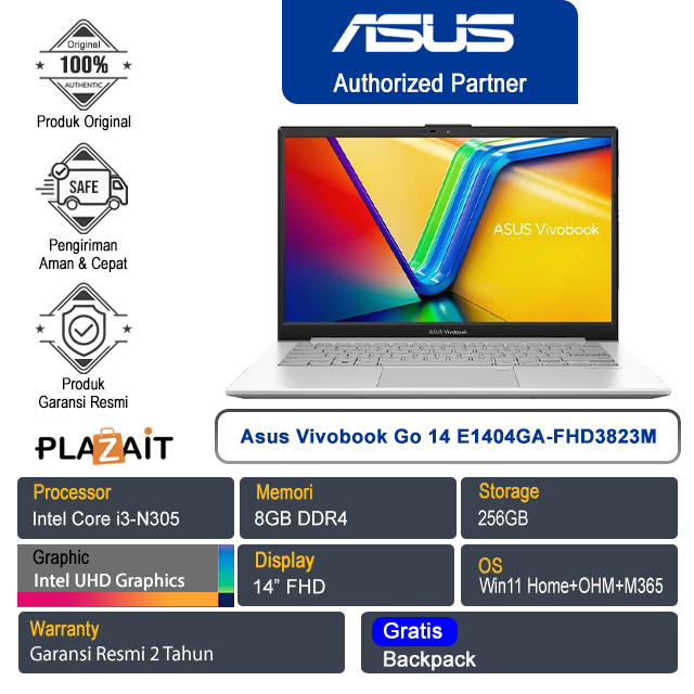 Asus Vivobook Go 14 E1404GA-FHD3823M /Intel Core i3-N305/8GB/256GB SSD/Intel UHD Graphics/14" FHD /Win 11 Home+OHM+M365/Cool Silver/2Y