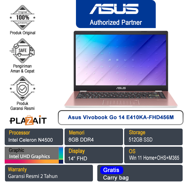 Asus Vivobook Go 14 E410KA-FHD456M /Intel Celeron N4500/8GB/512GB SSD/Intel UHD Graphics/14" FHD/Win 11 Home+OHS 2021+M365/Rose Pink/2Y