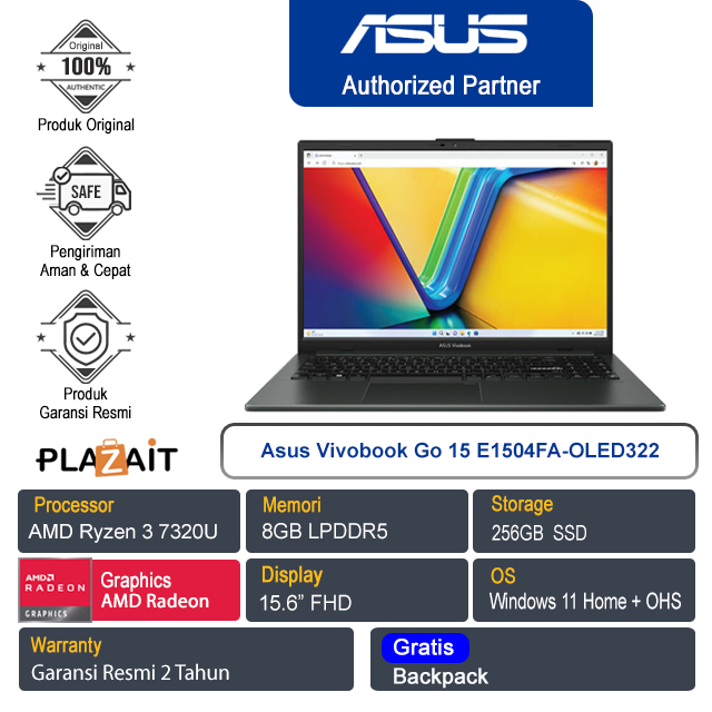 Asus Vivobook Go 15 E1504FA-OLED322/AMD Ryzen 3-7320U/8GB/256GB SSD/AMD Radeon Graphics/15.6″ FHD/Win 11 Home+OHS 2021/Mixed Black/2Y