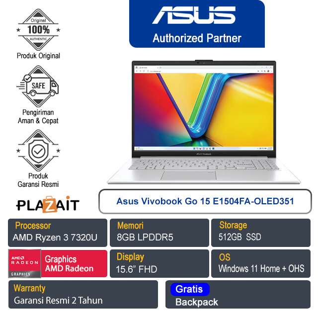Asus Vivobook Go 15 E1504FA-OLED351/AMD Ryzen 3-7320U/8GB/512GB SSD/AMD Radeon Graphics/15.6″ FHD/Win 11 Home+OHS 2021/Cool Silver/2Y