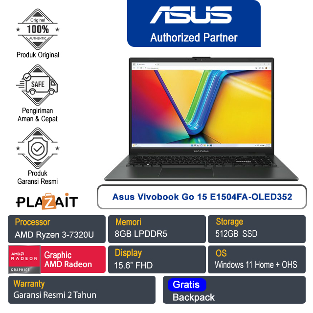 Asus Vivobook Go 15 E1504FA-OLED352 /AMD Ryzen 3-7320U/8GB/512GB SSD/AMD Radeon Graphics/15.6″ FHD/Win 11 Home+OHS 2021/Mixed Black/2Y