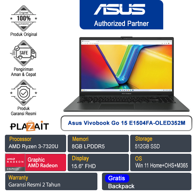 Asus Vivobook Go 15 E1504FA-OLED352M /AMD Ryzen 3-7320U/8GB/512GB SSD/AMD Radeon Graphics/15.6″ FHD/Win 11 Home+OHS 2021+M365/Mixed Black/2Y