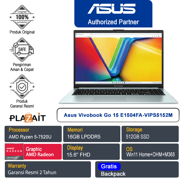 Asus Vivobook Go 15 E1504FA-VIPS5152M /AMD Ryzen 5-7520U/16GB/512GB SSD/AMD Radeon Graphics/15.6" FHD/Win 11 Home+OHM+M365/Green Grey/2Y