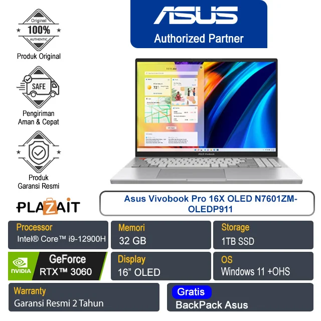 Asus Vivobook Pro 16X Creator N7601ZM-OLEDP911/Intel Core i9-12900H/32GB/1TB SSD/NVIDIA GeForce RTX 3060 6GB/16" OLED/Win11 Home + OHS/Cool Silver/2Y