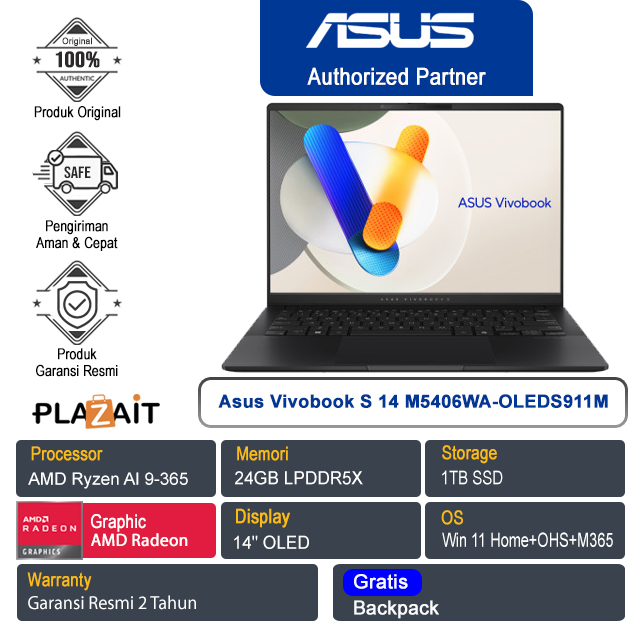 Asus Vivobook S 14 OLED M5406WA-OLEDS911M /AMD Ryzen AI 9-365/24GB/1TB SSD/AMD Radeon 880M Graphics/14" OLED /Win 11 Home+OHS+M365/Neutral Black/2Y