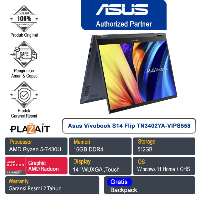 Asus Vivobook S14 Flip TN3402YA-VIPS558 /AMD Ryzen 5-7430U/16GB/512GB SSD/AMD Radeon Graphics/14" WUXGA Touch/Win 11 Home+OHS 2021/Quite Blue/2Y