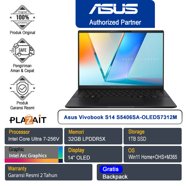 Asus Vivobook S14 OLED S5406SA-OLEDS7311M /Intel Core Ultra 7-256V/32GB/1TB SSD/Intel Arc Graphics/14" OLED/Win 11 Home+OHM+M365/Neutral Black/2Y