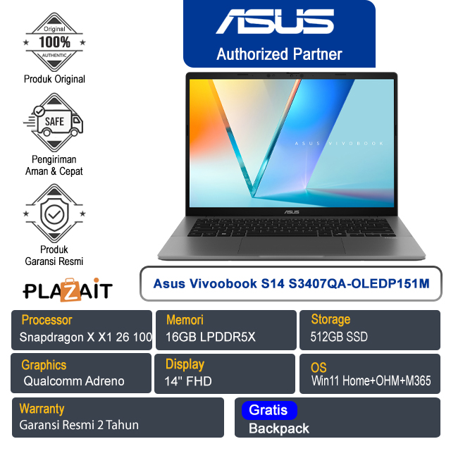 Asus Vivoobook S14 OLED S3407QA-OLEDP151M /Snapdragon X X1 26 100/16GB/512GB SSD/Qualcomm Adreno GPU/14" FHD/Win 11 Home+OHM+M365/Matte Gray/2Y