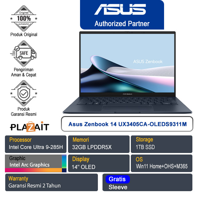 Asus Zenbook 14 OLED UX3405CA-OLEDS9311M /Intel Core Ultra 9-285H/32GB/1TB SSD/Intel Arc Graphics/14" OLED/Win 11 Home+OHS+M365/Ponder Blue/2Y